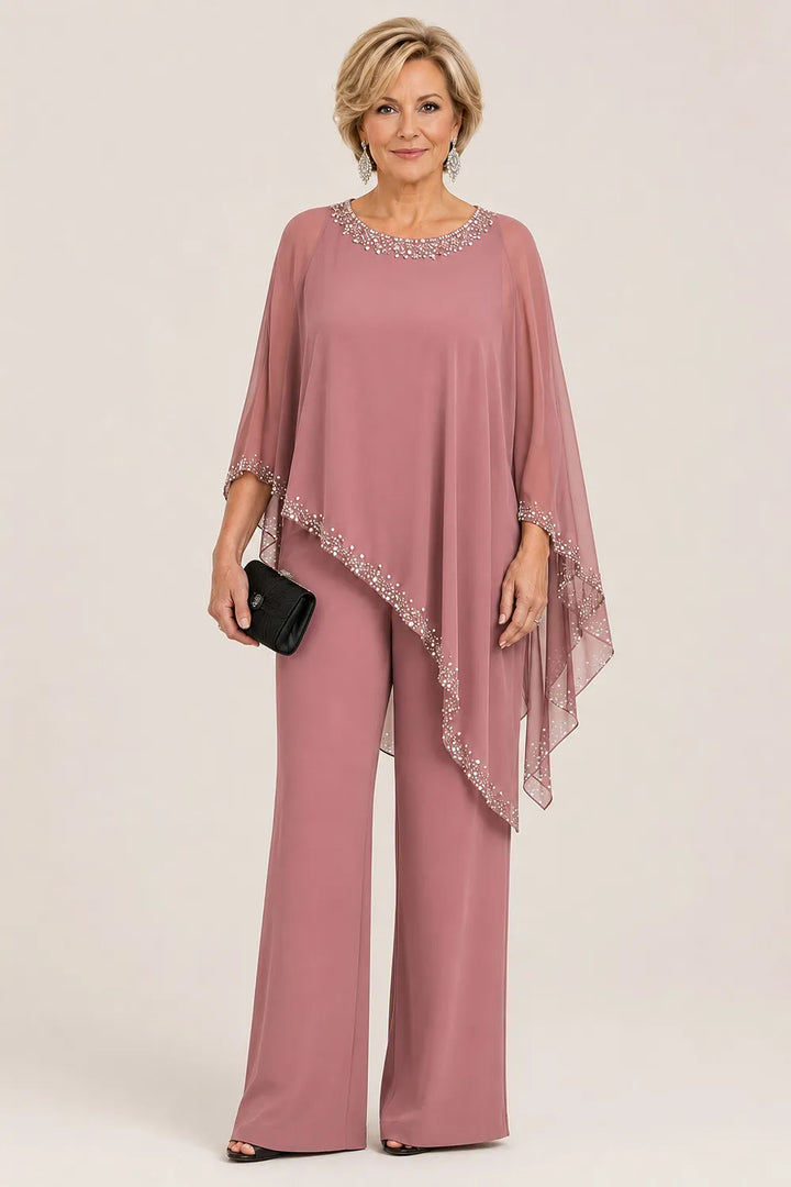 Ensemble pantalon large avec cape en mousseline perlée