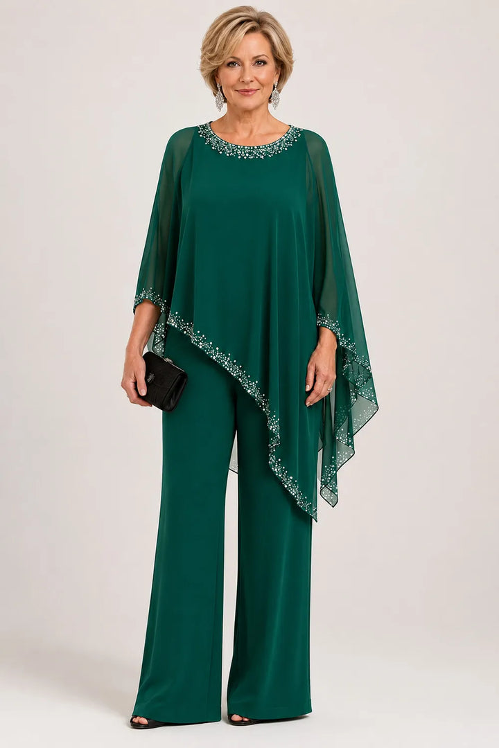 Ensemble pantalon large avec cape en mousseline perlée