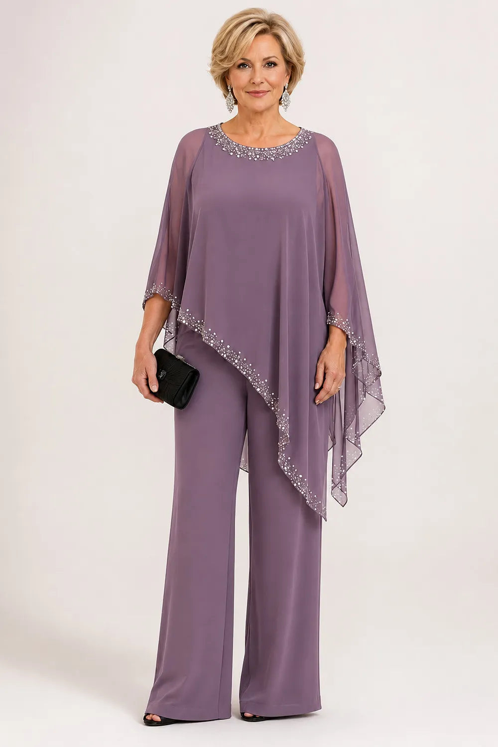 Ensemble pantalon large avec cape en mousseline perlée