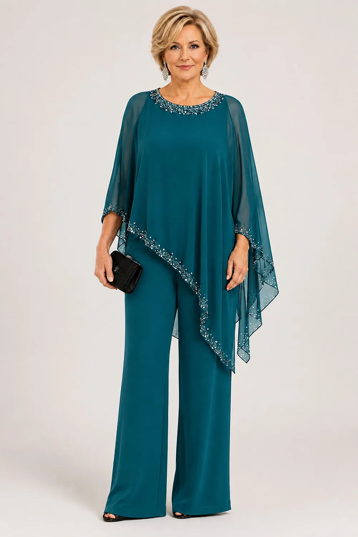 Ensemble pantalon large avec cape en mousseline perlée
