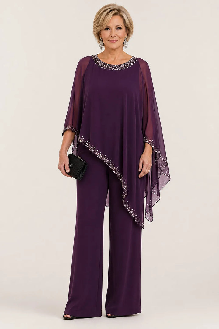 Ensemble pantalon large avec cape en mousseline perlée