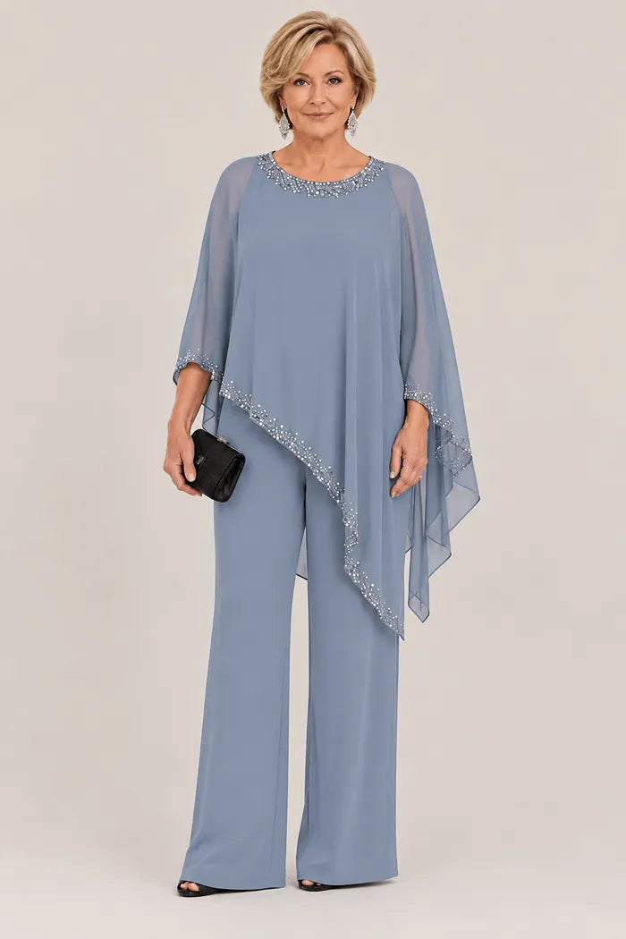 Ensemble pantalon large avec cape en mousseline perlée