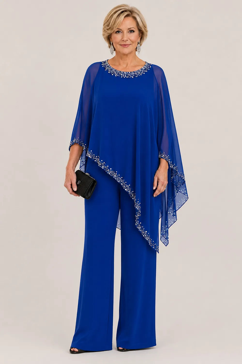 Ensemble pantalon large avec cape en mousseline perlée