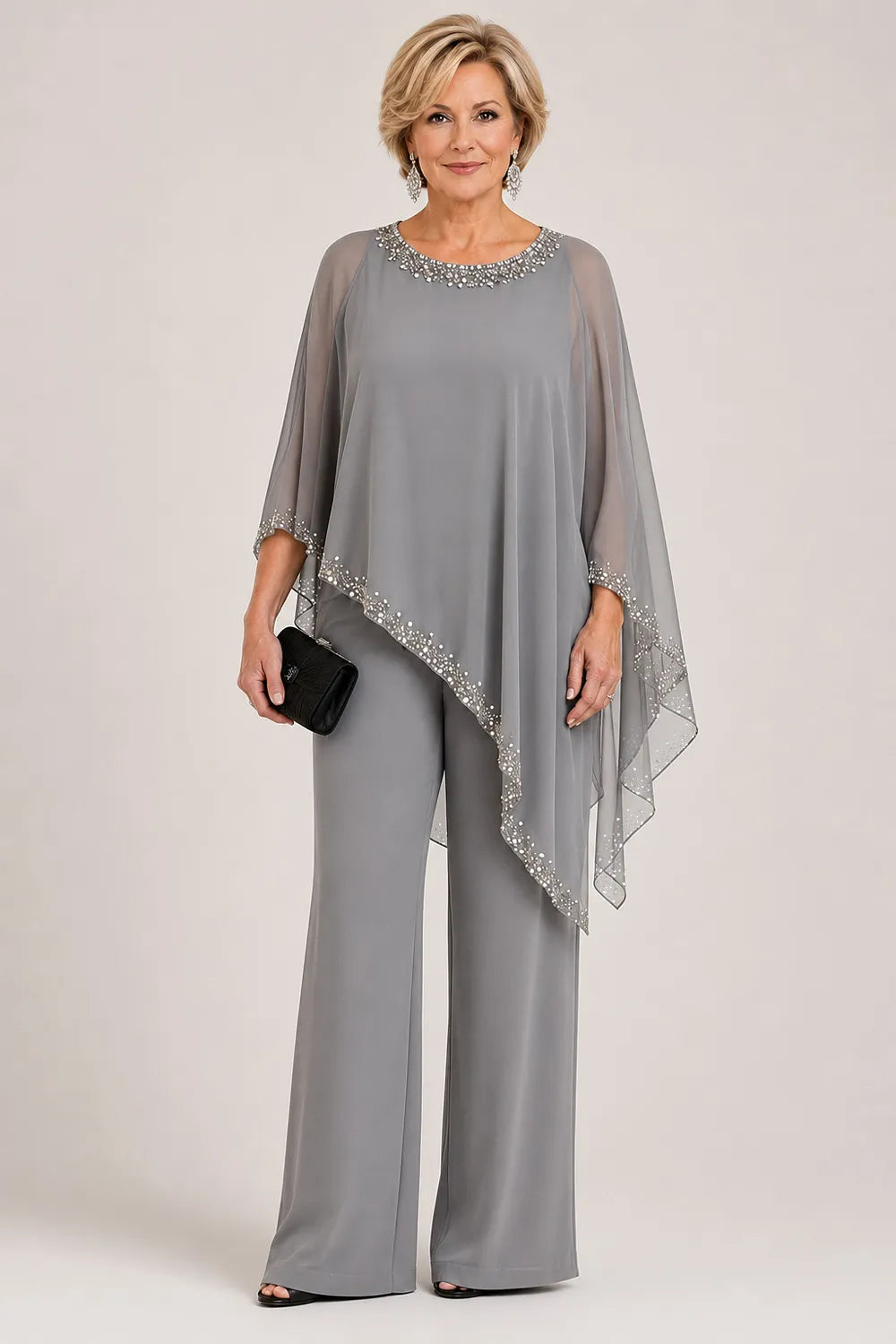 Ensemble pantalon large avec cape en mousseline perlée