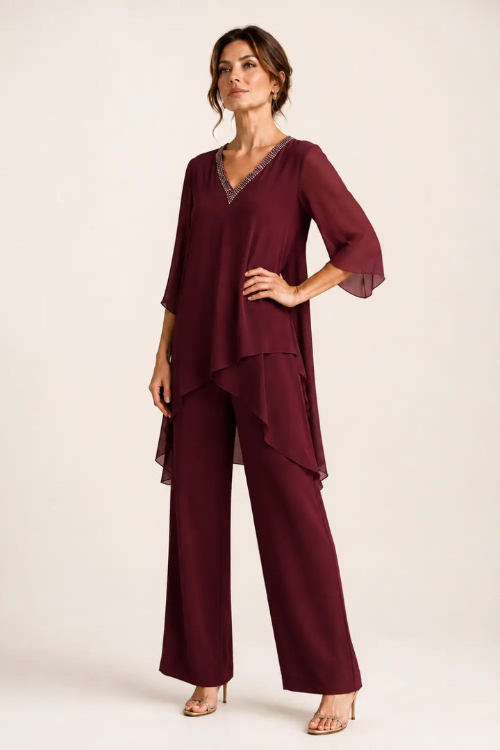 Ensemble pantalon large avec cape courte asymétrique en mousseline