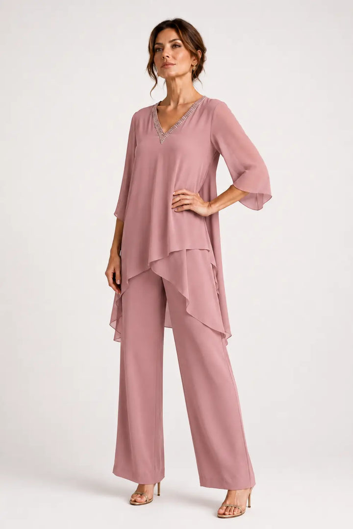 Ensemble pantalon large avec cape courte asymétrique en mousseline