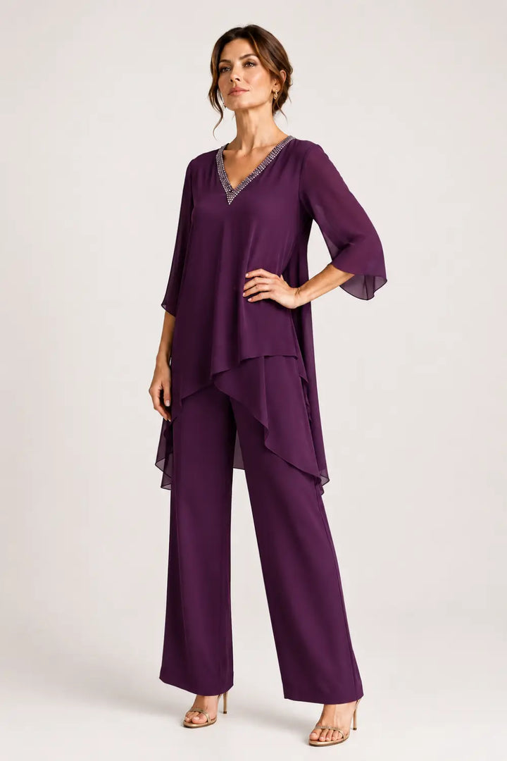 Ensemble pantalon large avec cape courte asymétrique en mousseline