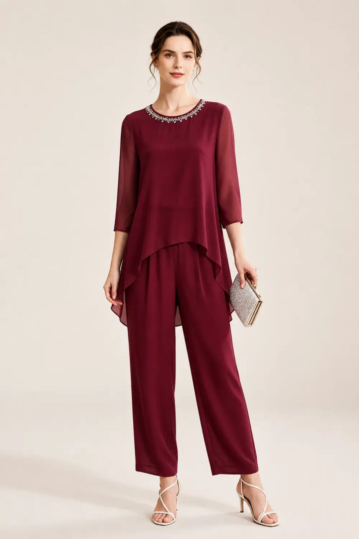Ensemble pantalon large avec cape courte perlée