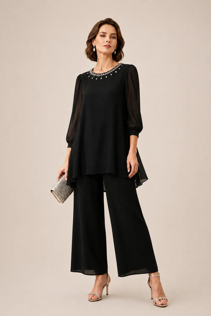 Ensemble pantalon en mousseline perlée à manches trois-quarts