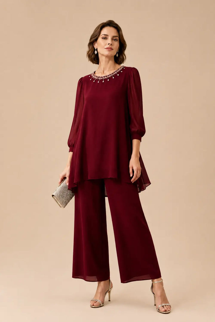 Ensemble pantalon en mousseline perlée à manches trois-quarts
