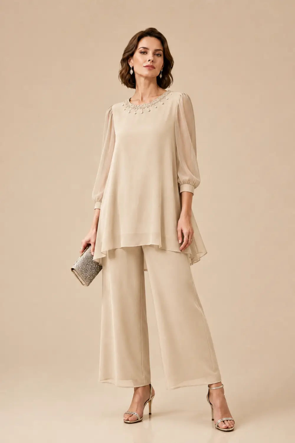 Ensemble pantalon en mousseline perlée à manches trois-quarts