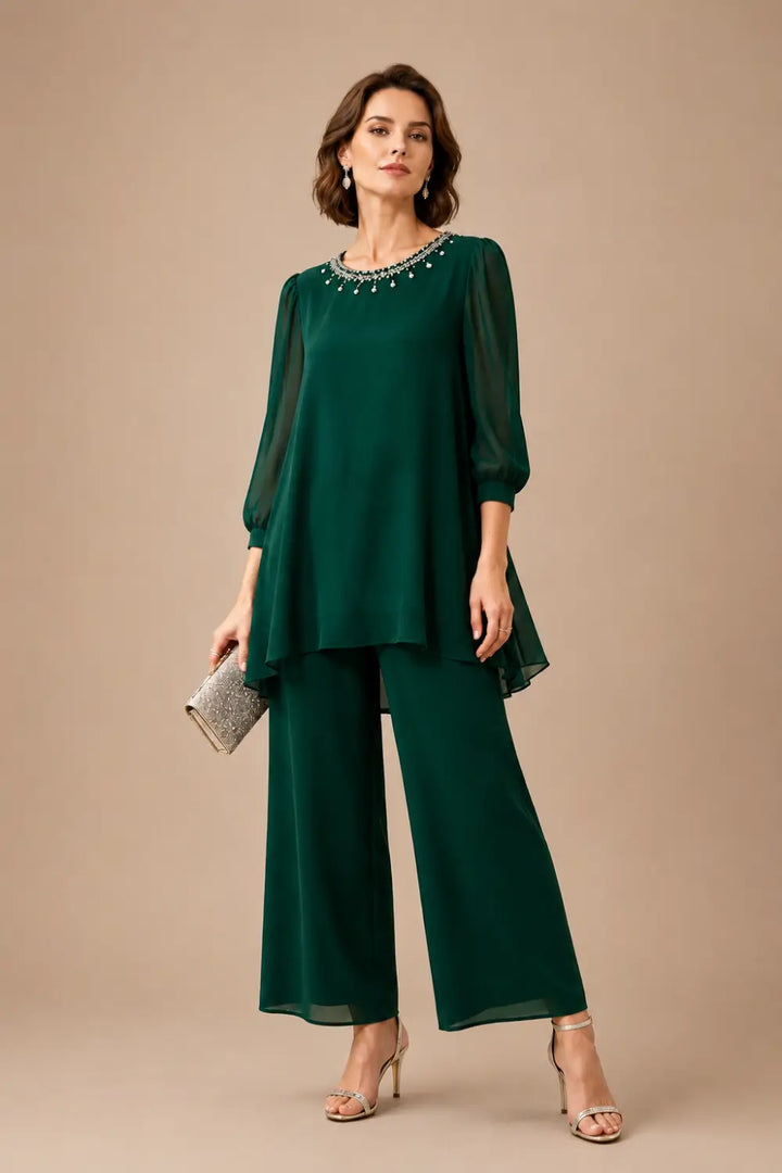 Ensemble pantalon en mousseline perlée à manches trois-quarts