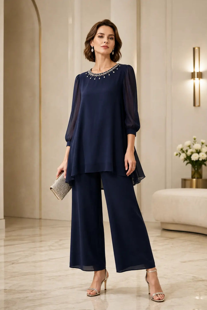 Ensemble pantalon en mousseline perlée à manches trois-quarts
