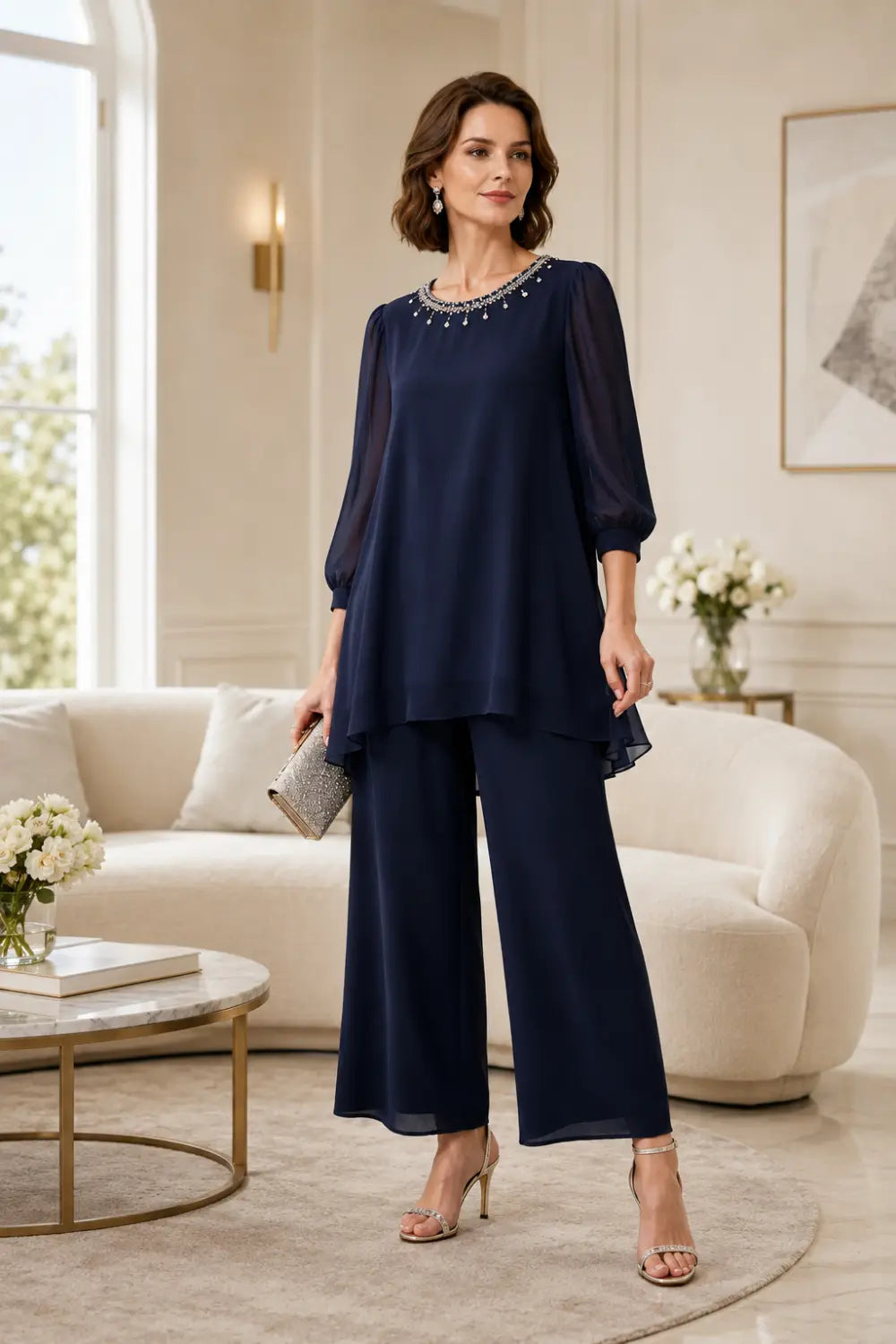 Ensemble pantalon en mousseline perlée à manches trois-quarts