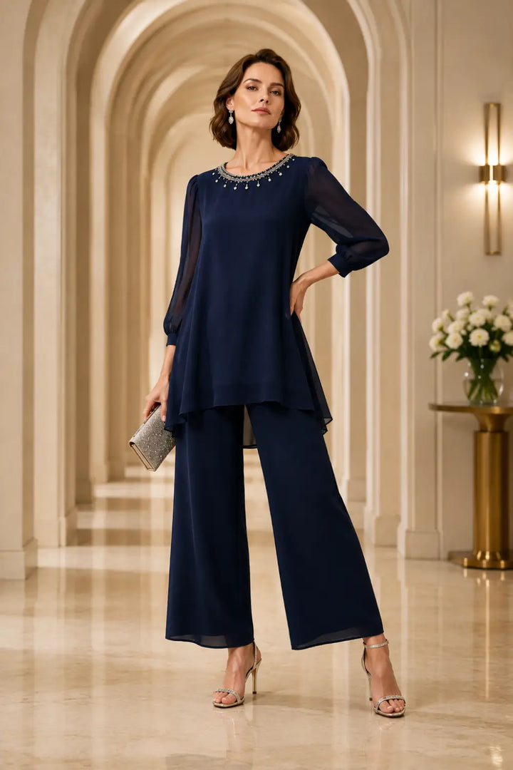 Ensemble pantalon en mousseline perlée à manches trois-quarts