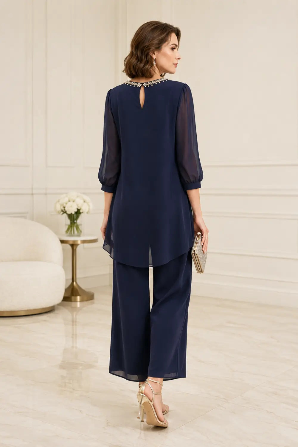 Ensemble pantalon en mousseline perlée à manches trois-quarts