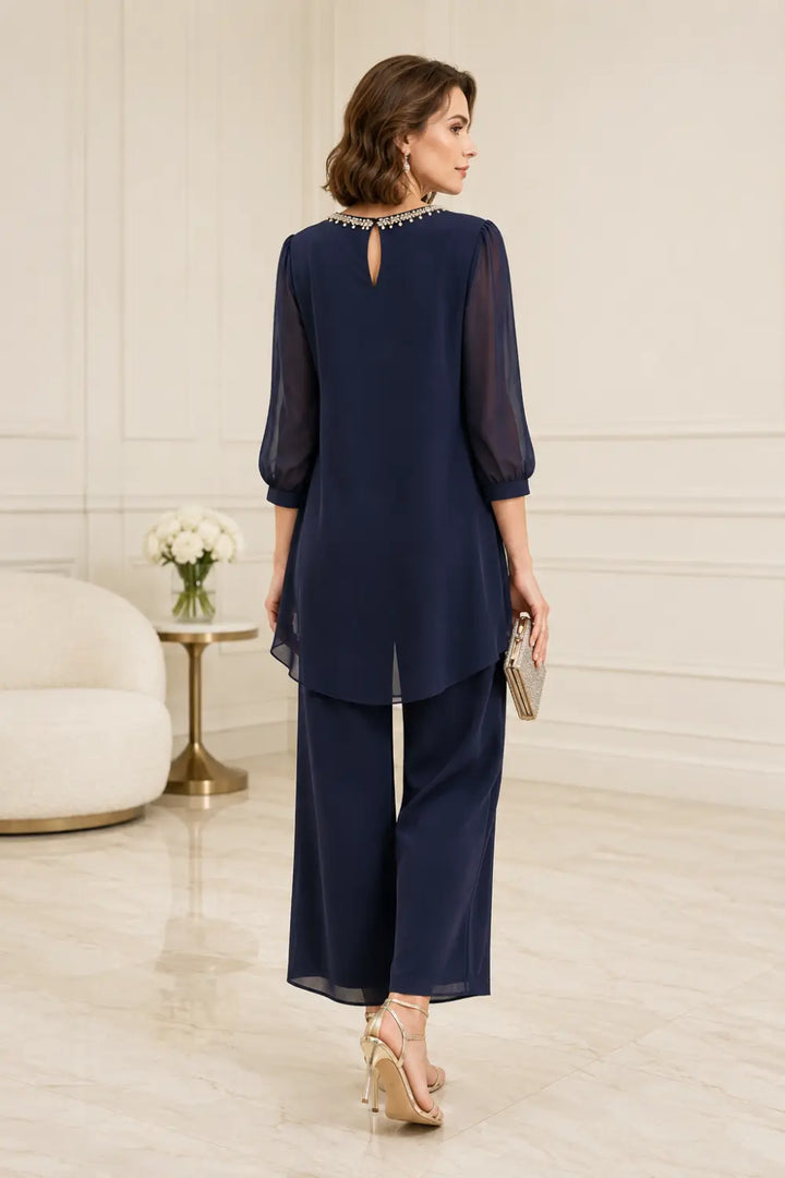 Ensemble pantalon en mousseline perlée à manches trois-quarts
