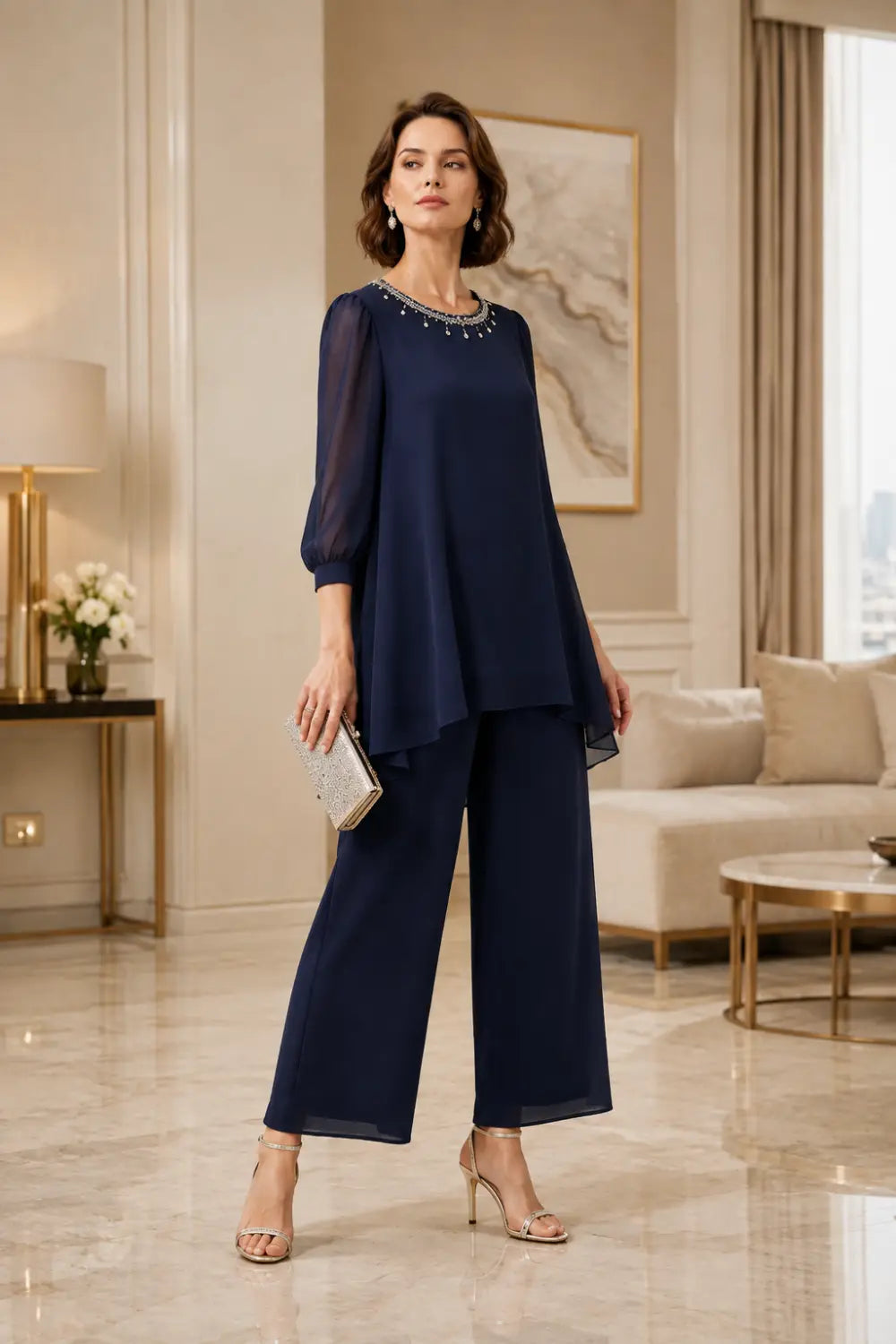 Ensemble pantalon en mousseline perlée à manches trois-quarts