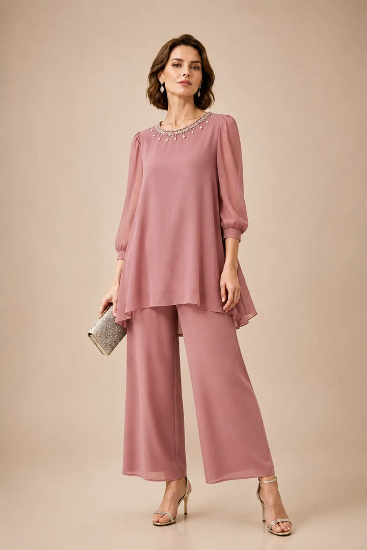 Ensemble pantalon en mousseline perlée à manches trois-quarts