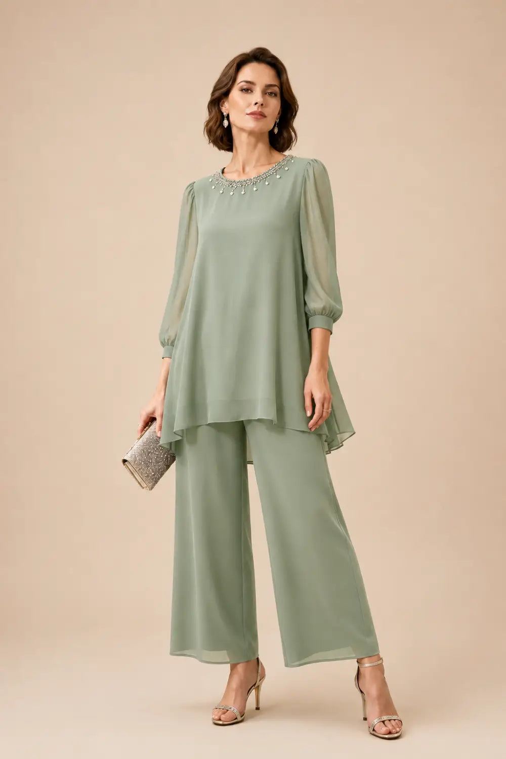 Ensemble pantalon en mousseline perlée à manches trois-quarts