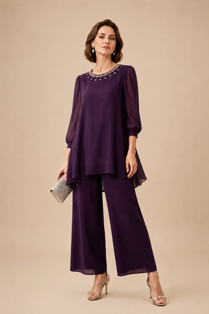 Ensemble pantalon en mousseline perlée à manches trois-quarts