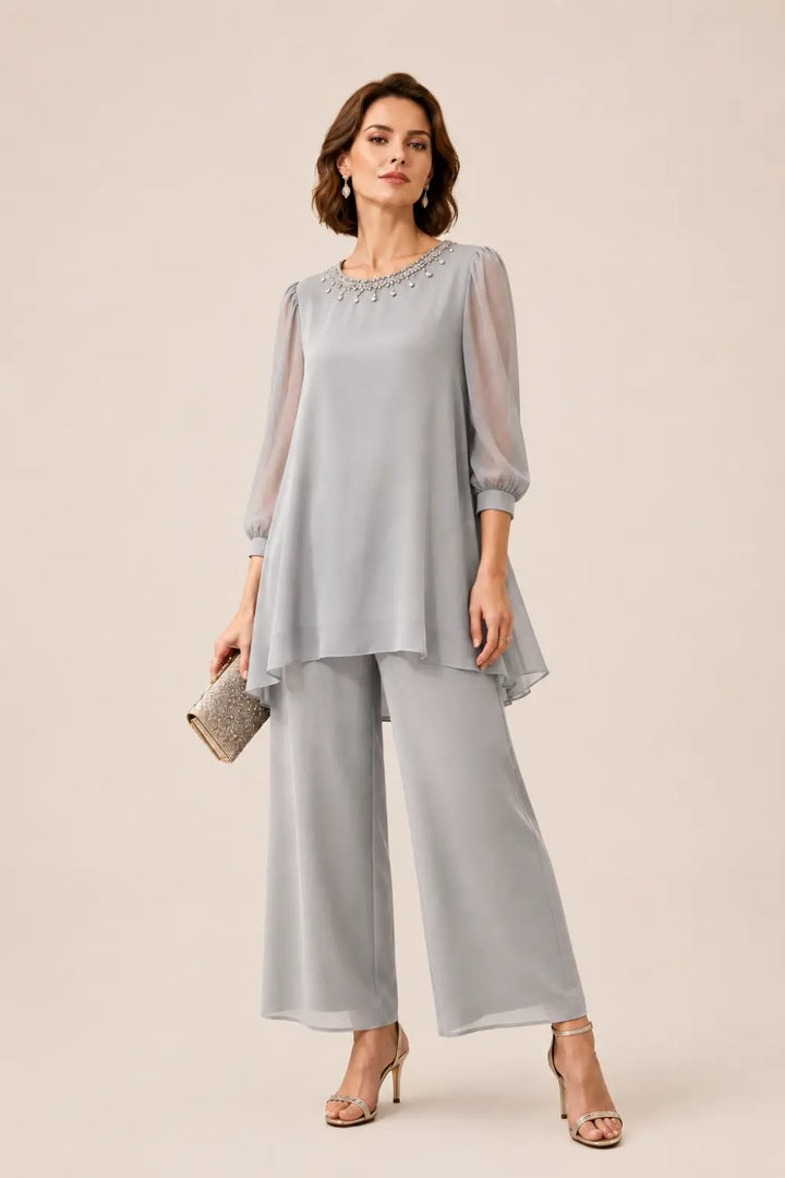 Ensemble pantalon en mousseline perlée à manches trois-quarts