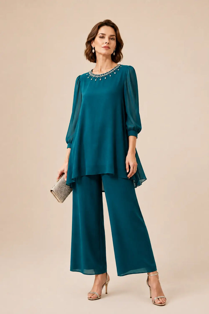 Ensemble pantalon en mousseline perlée à manches trois-quarts