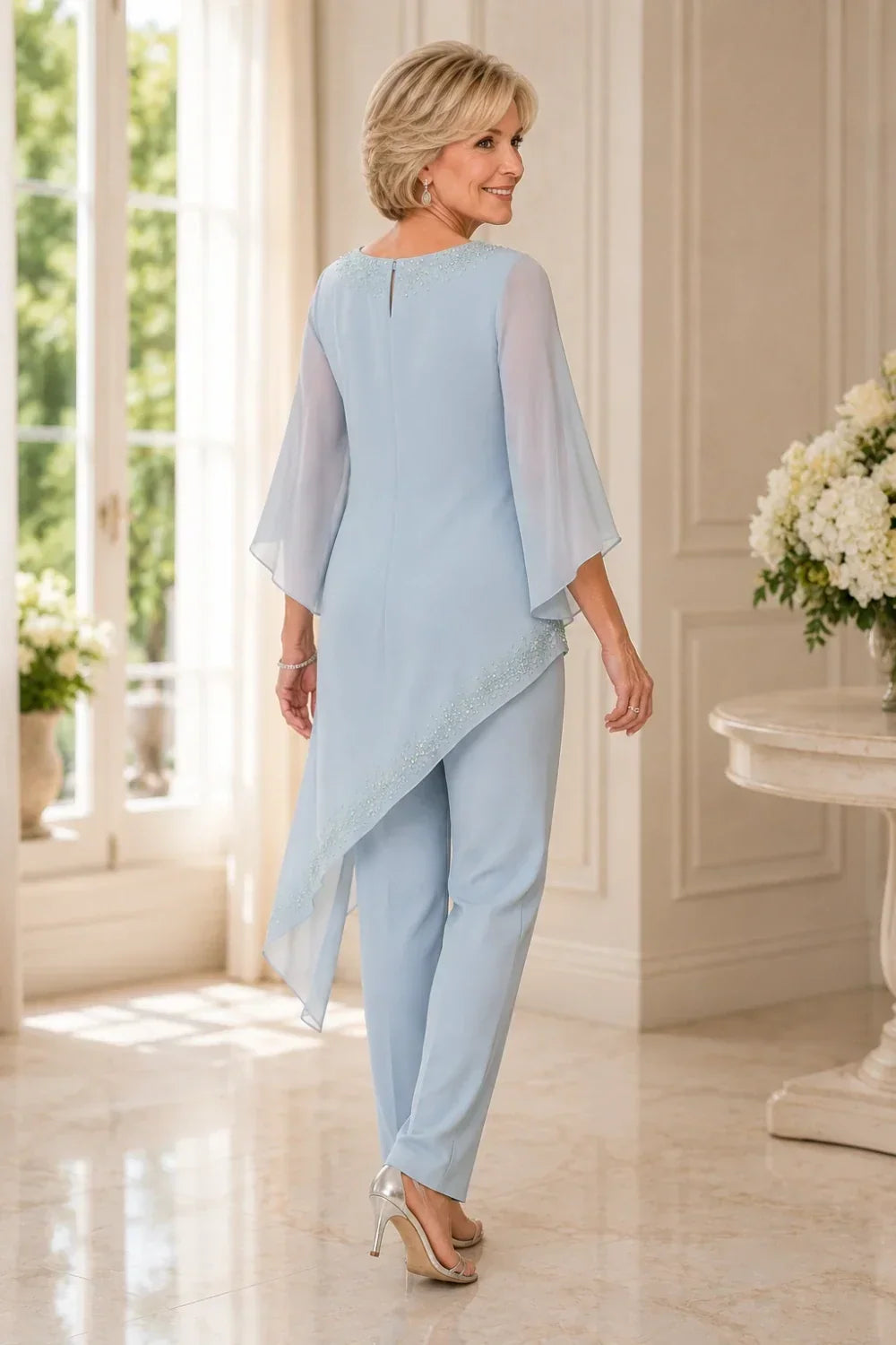 Ensemble pantalon de cérémonie en mousseline perlée