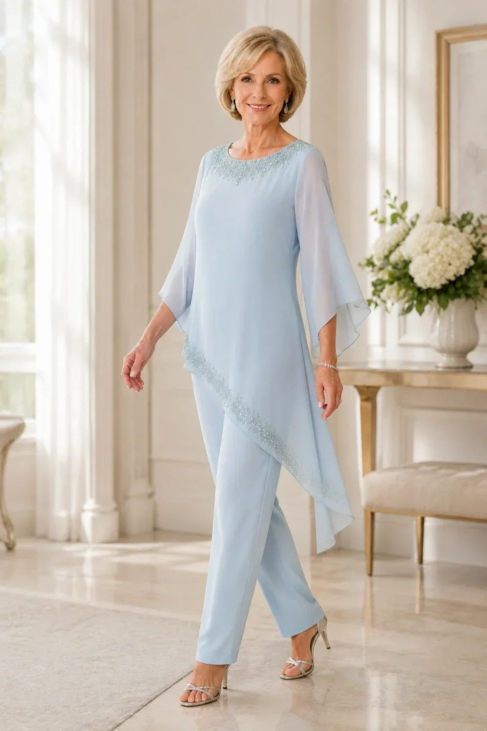 Ensemble pantalon de cérémonie en mousseline perlée
