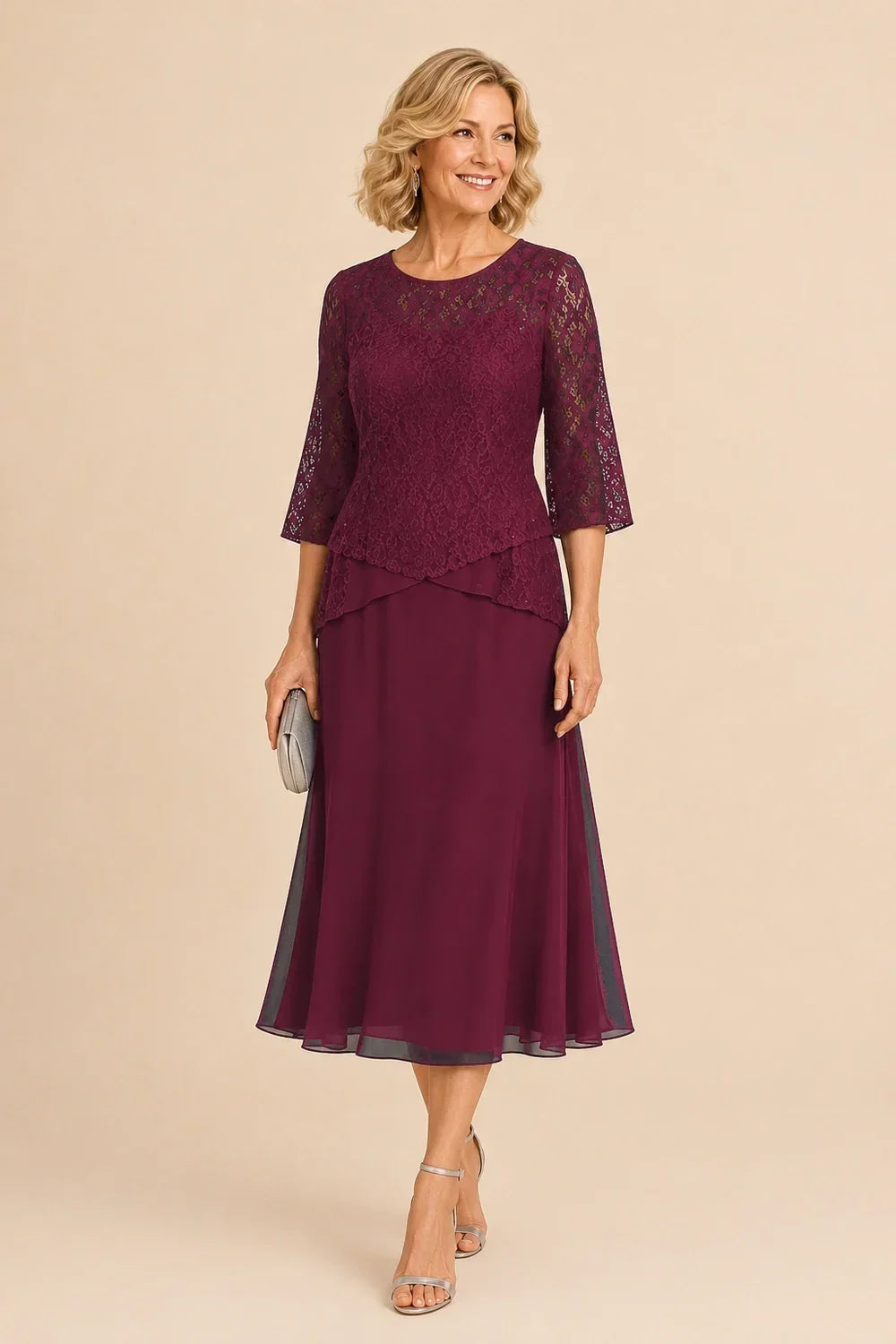 Robe mi-longue asymétrique en mousseline et dentelle perlée