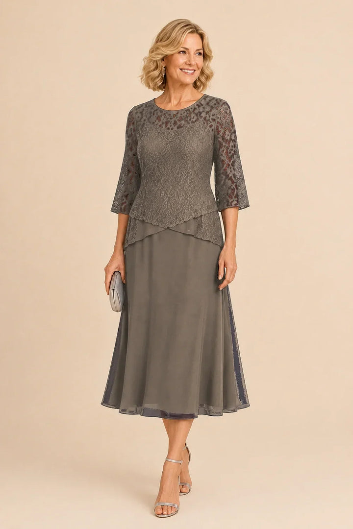 Robe mi-longue asymétrique en mousseline et dentelle perlée