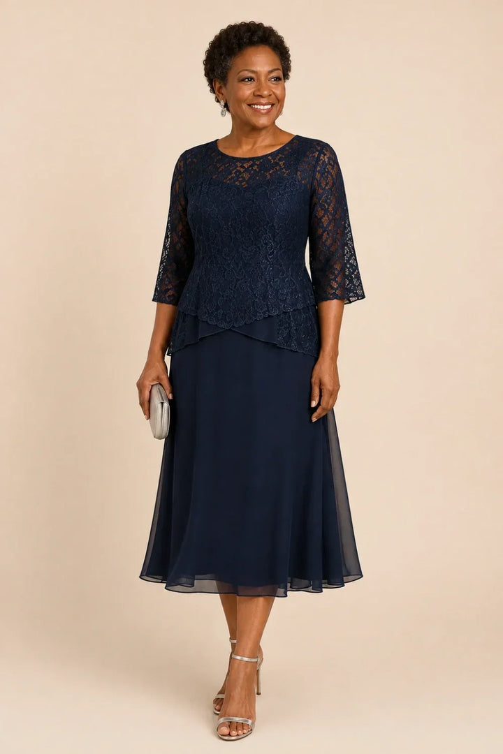 Robe mi-longue asymétrique en mousseline et dentelle perlée