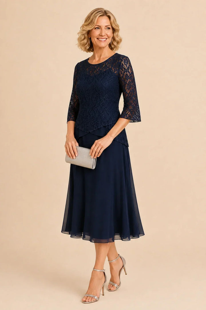 Robe mi-longue asymétrique en mousseline et dentelle perlée