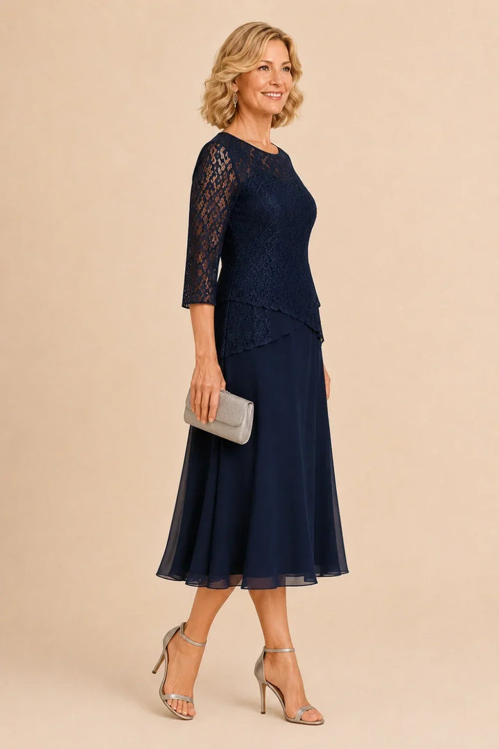 Robe mi-longue asymétrique en mousseline et dentelle perlée