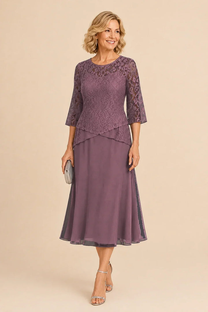 Robe mi-longue asymétrique en mousseline et dentelle perlée