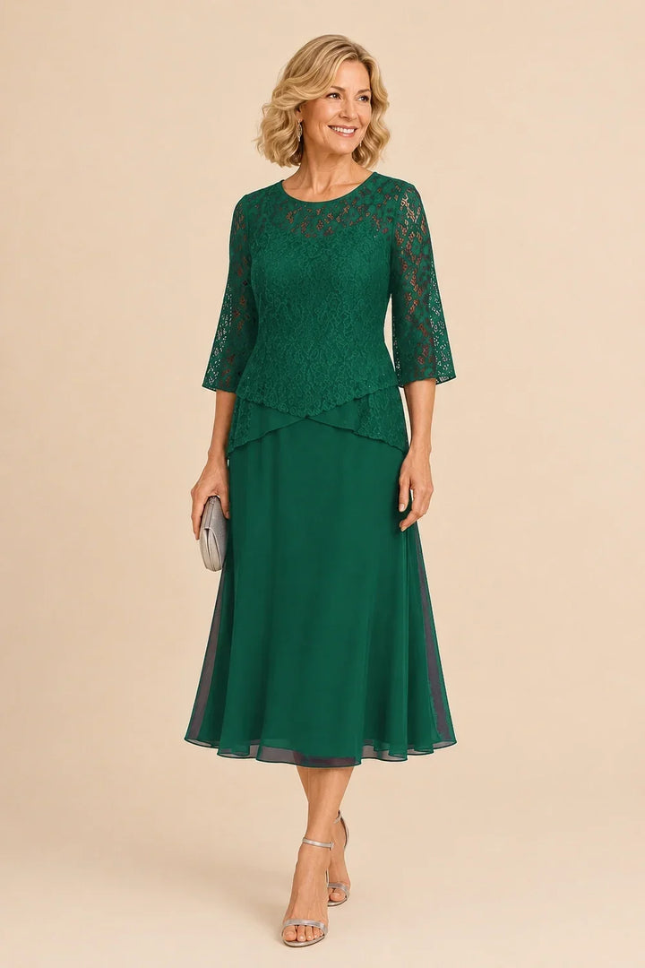 Robe mi-longue asymétrique en mousseline et dentelle perlée