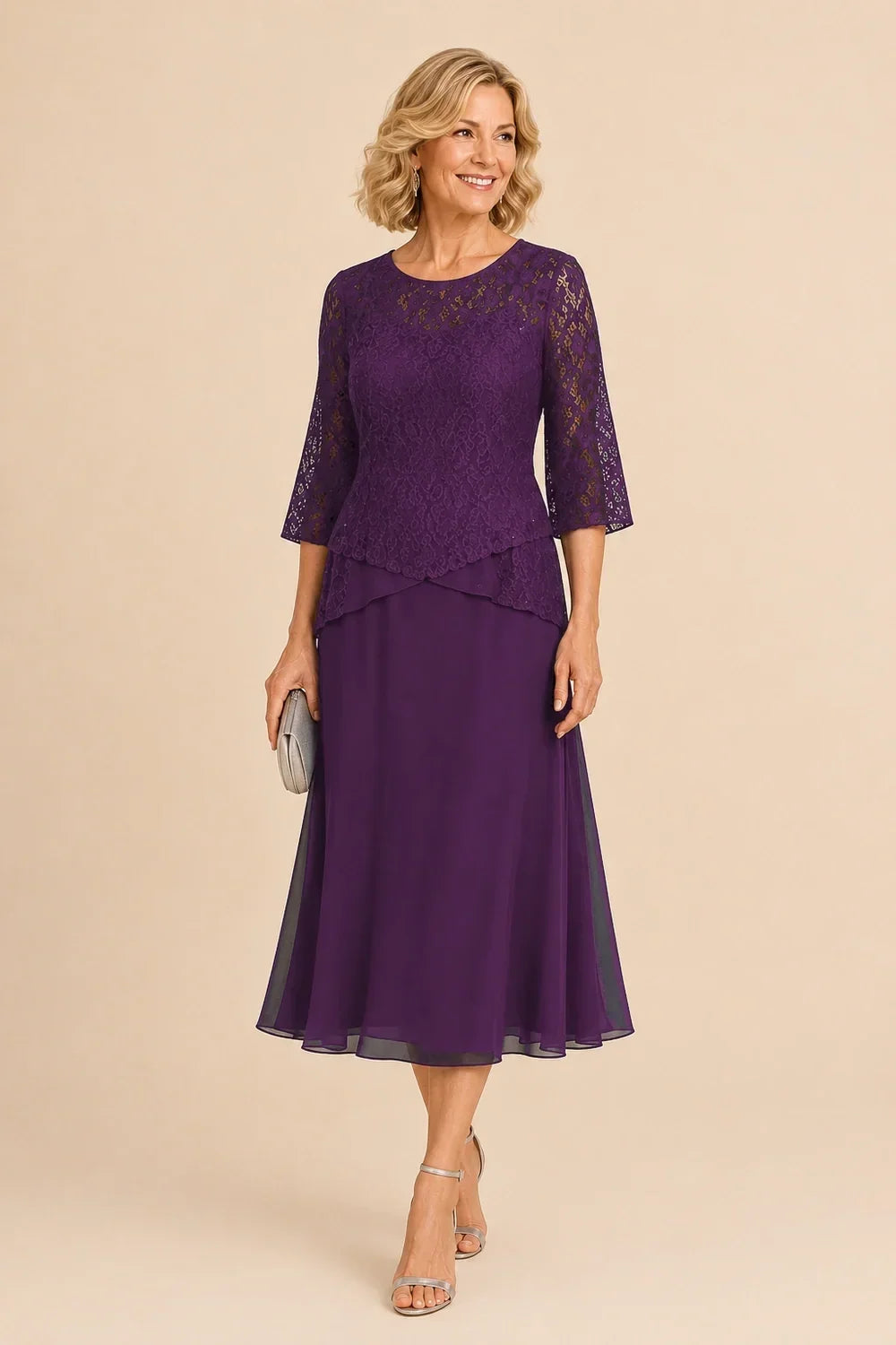 Robe mi-longue asymétrique en mousseline et dentelle perlée