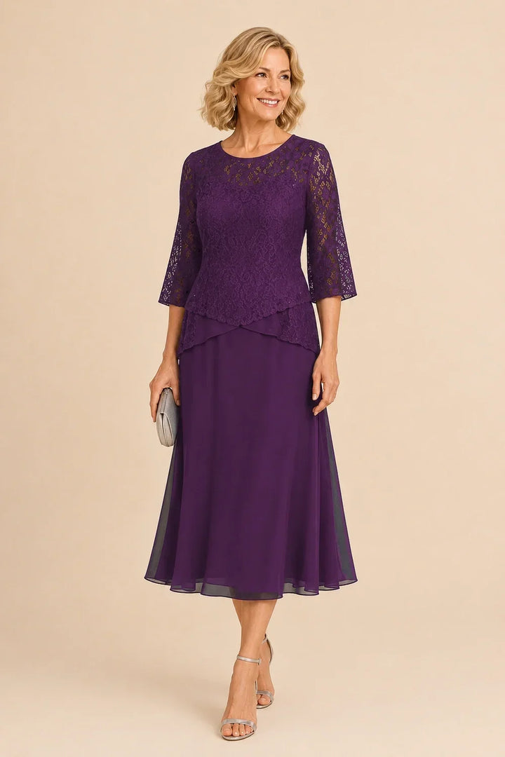 Robe mi-longue asymétrique en mousseline et dentelle perlée