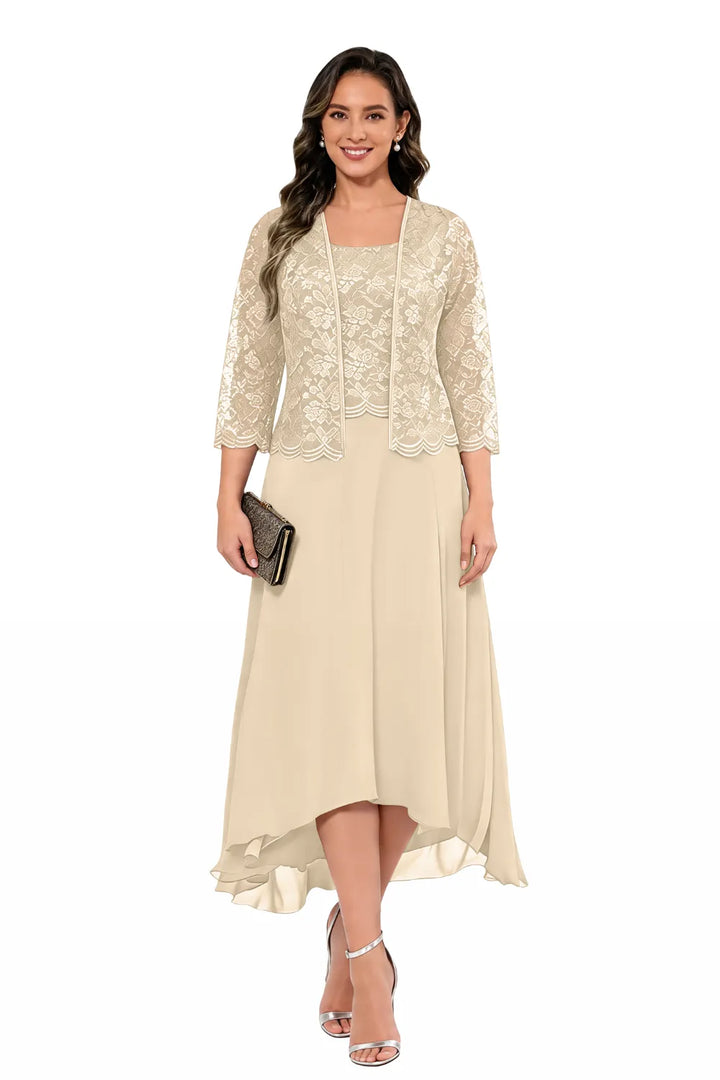 Robe midi de mariage en dentelle et mousseline avec veste