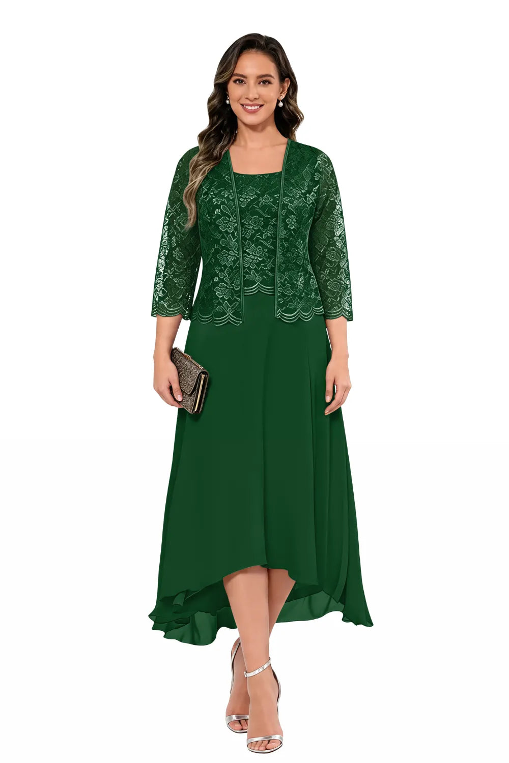 Robe midi de mariage en dentelle et mousseline avec veste