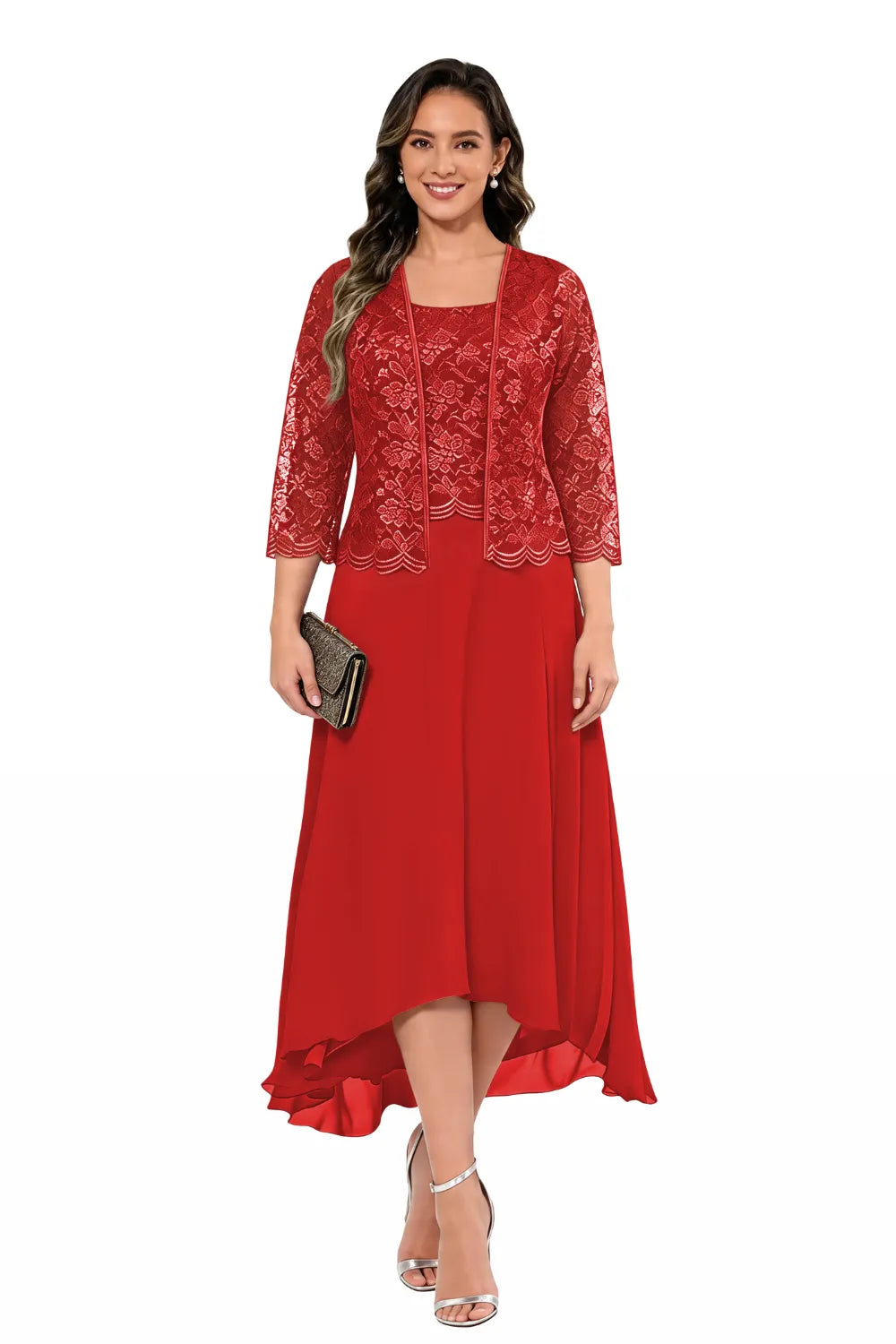 Robe midi de mariage en dentelle et mousseline avec veste