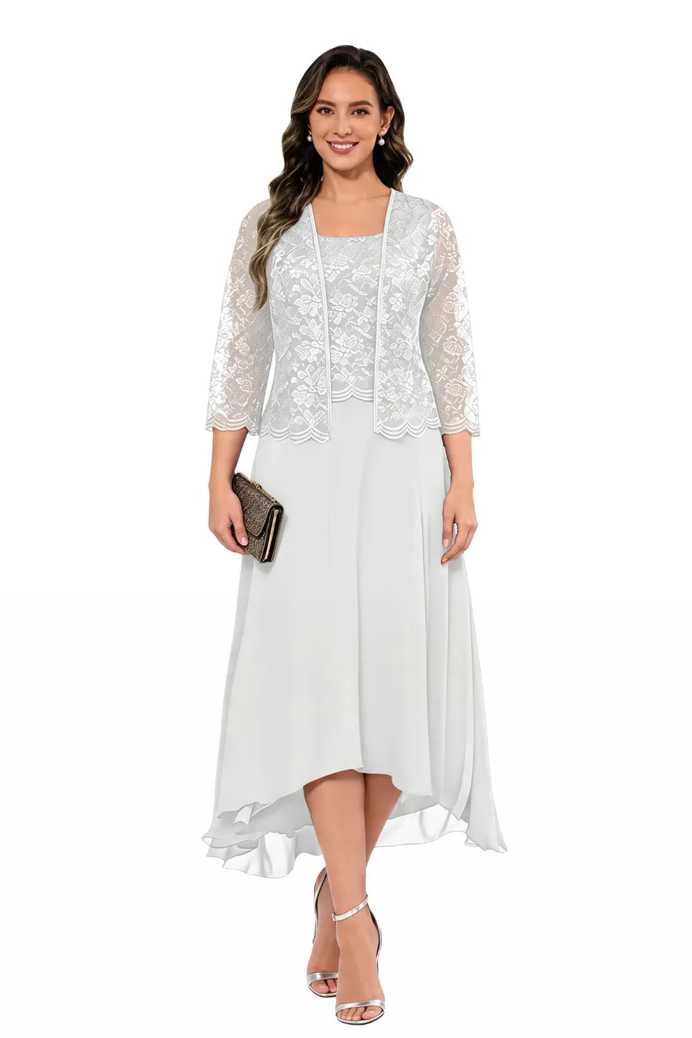 Robe midi de mariage en dentelle et mousseline avec veste