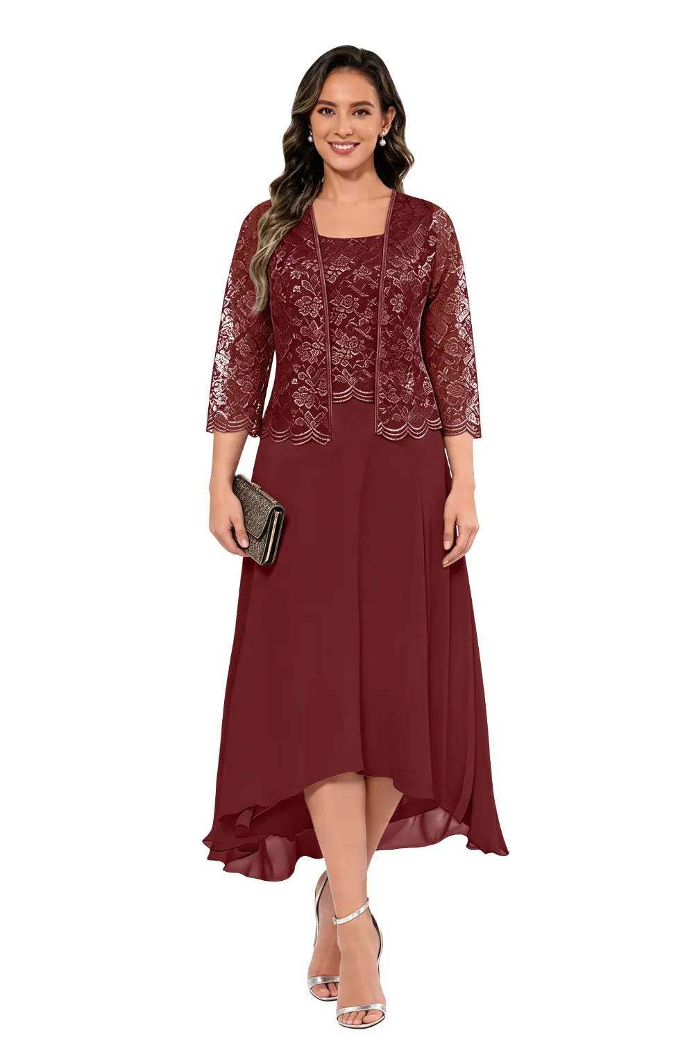 Robe midi de mariage en dentelle et mousseline avec veste