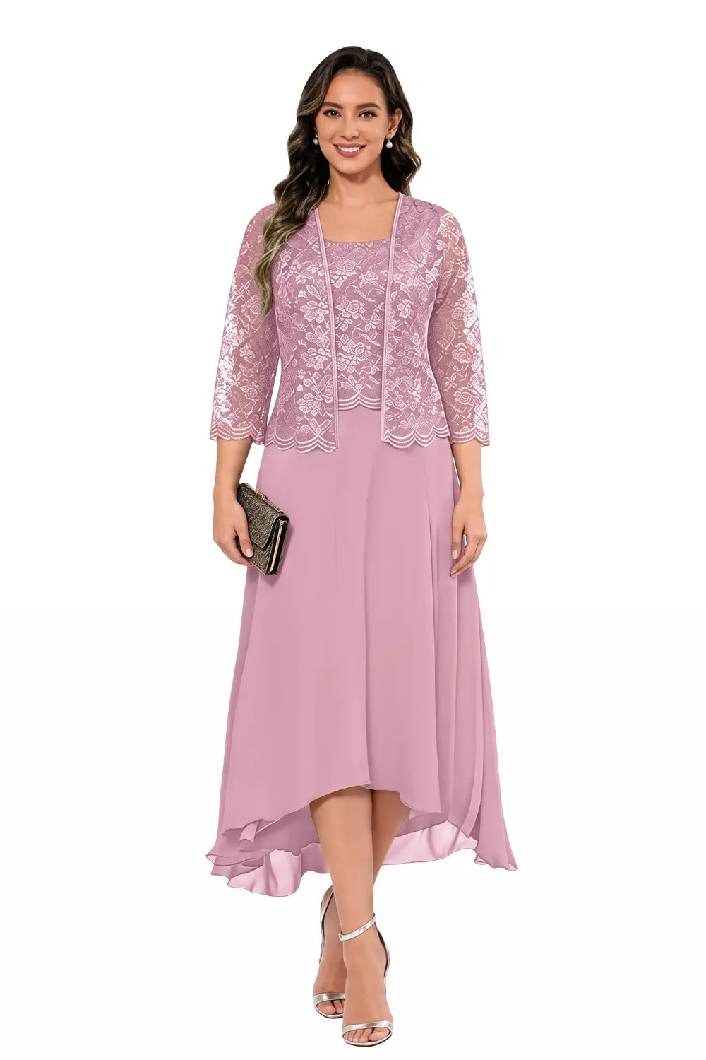 Robe midi de mariage en dentelle et mousseline avec veste