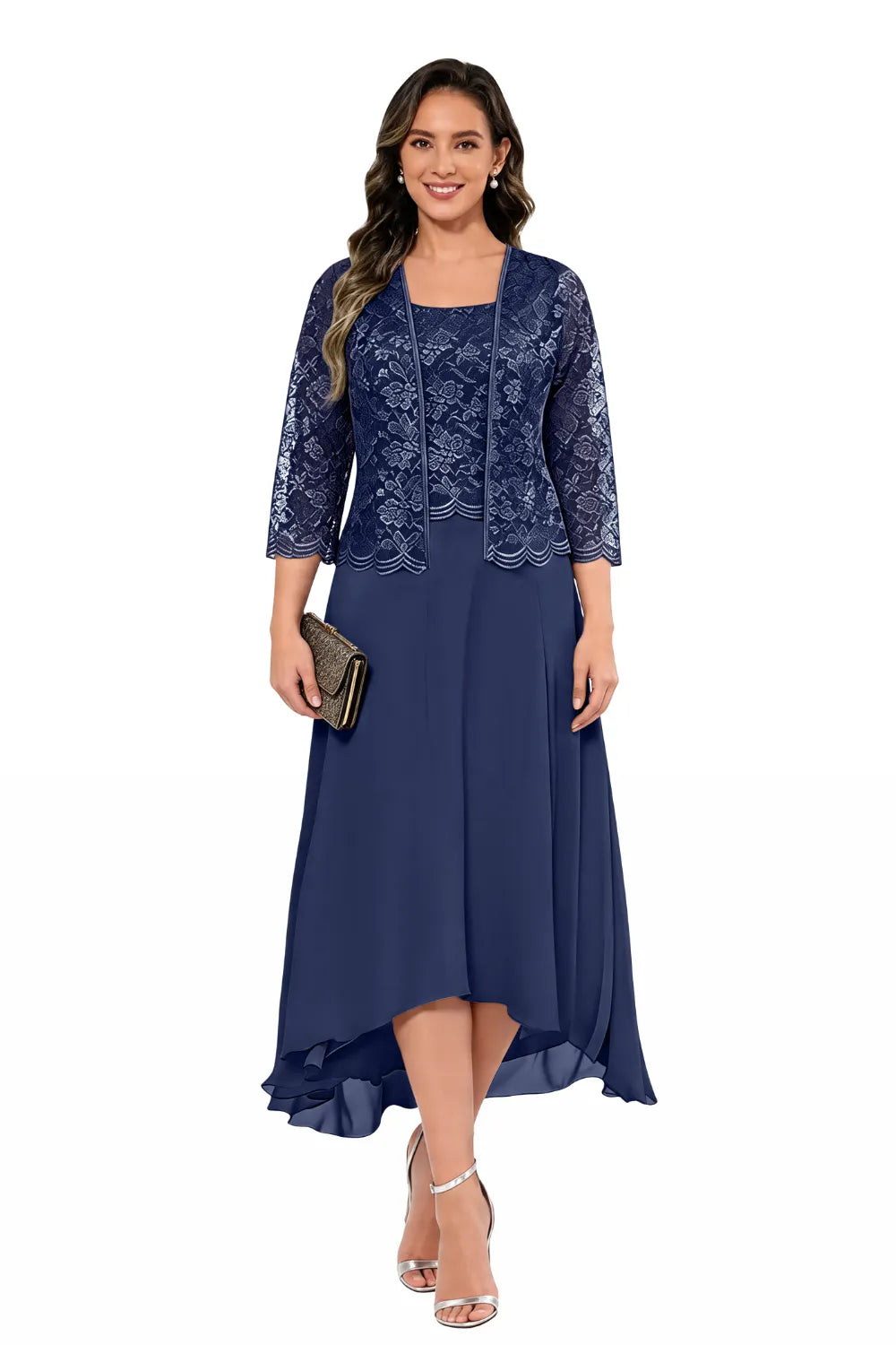 Robe midi de mariage en dentelle et mousseline avec veste