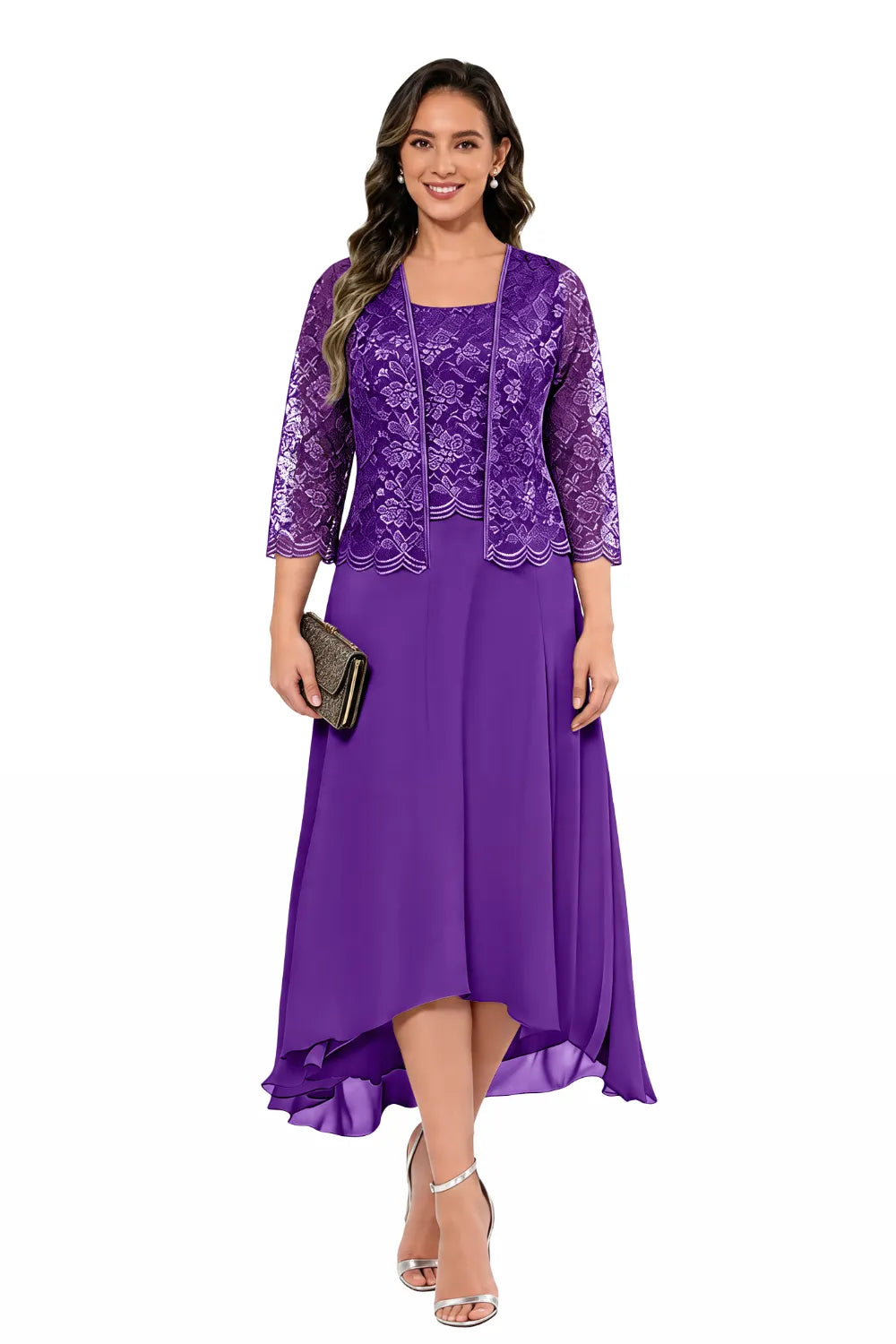 Robe midi de mariage en dentelle et mousseline avec veste