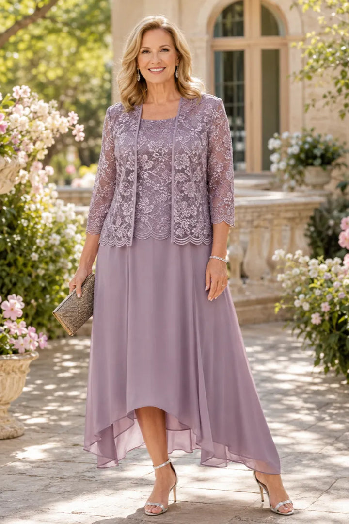 Robe midi de mariage en dentelle et mousseline avec veste