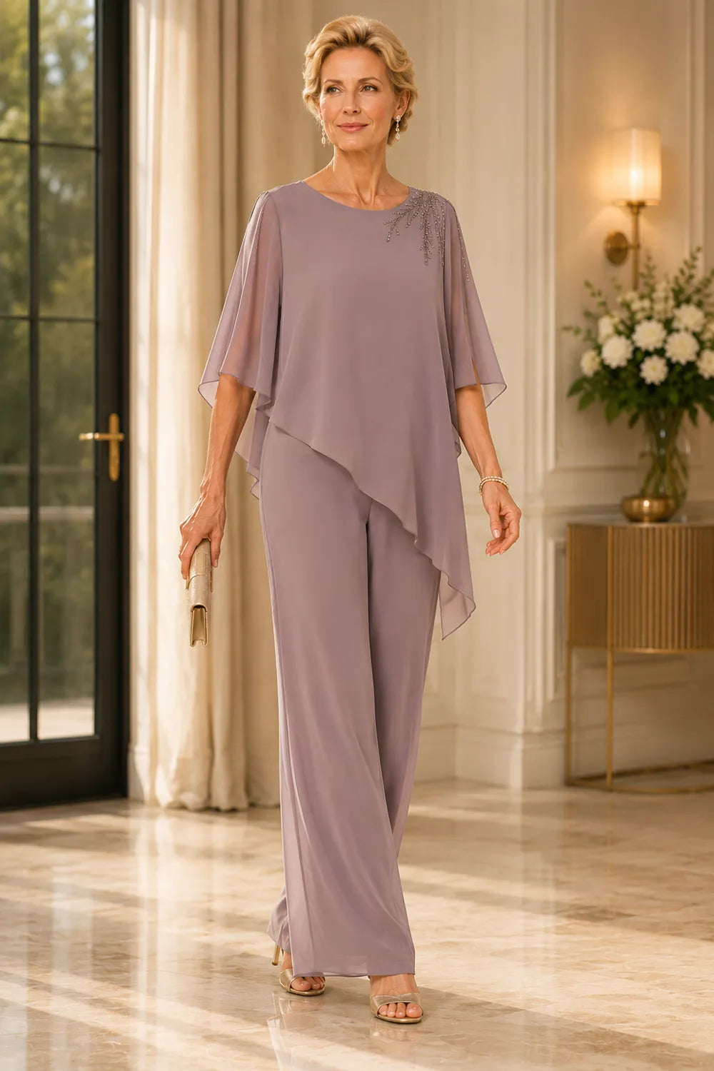 Ensemble pantalon de cérémonie en mousseline ornée