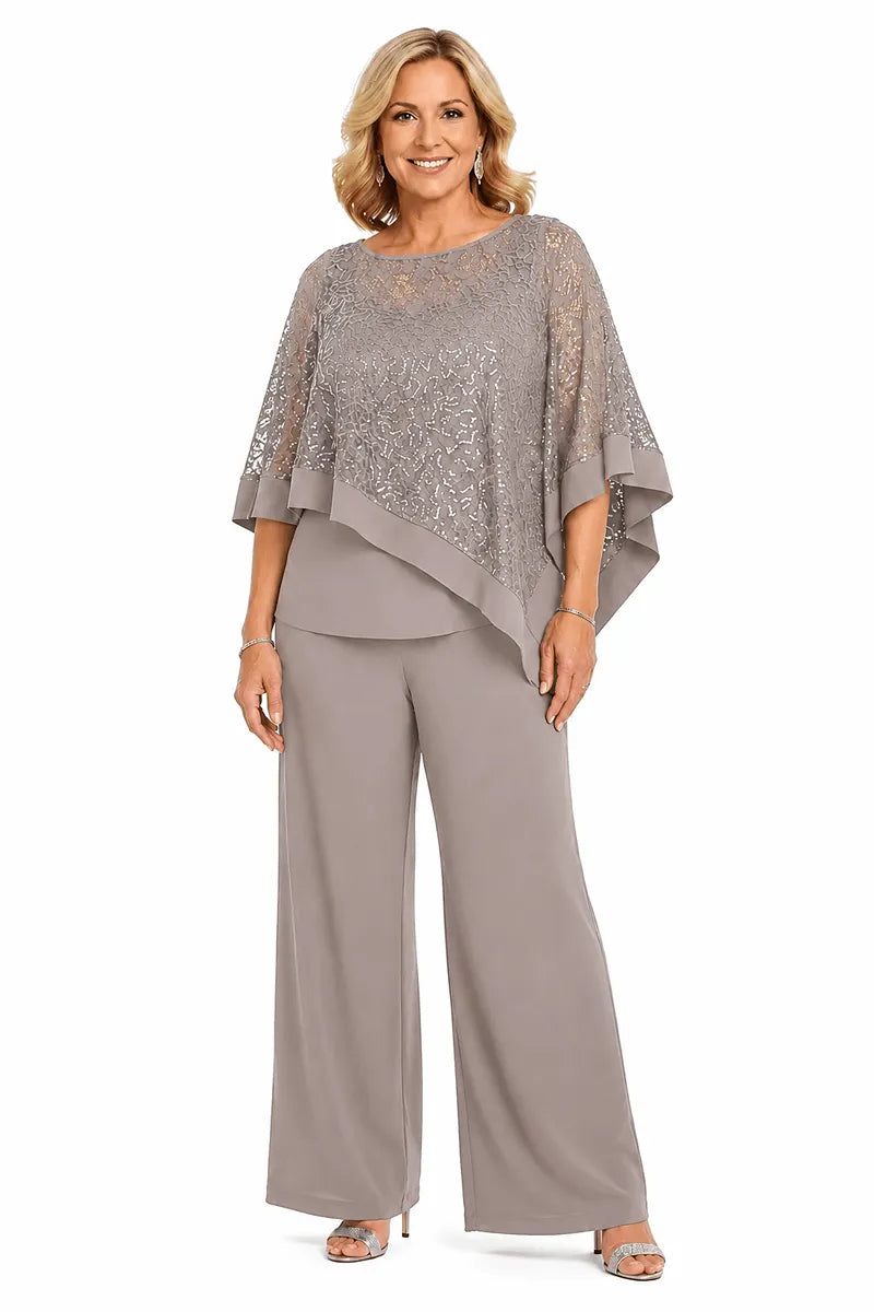 Ensemble pantalon de cérémonie avec cape à sequins, grandes tailles