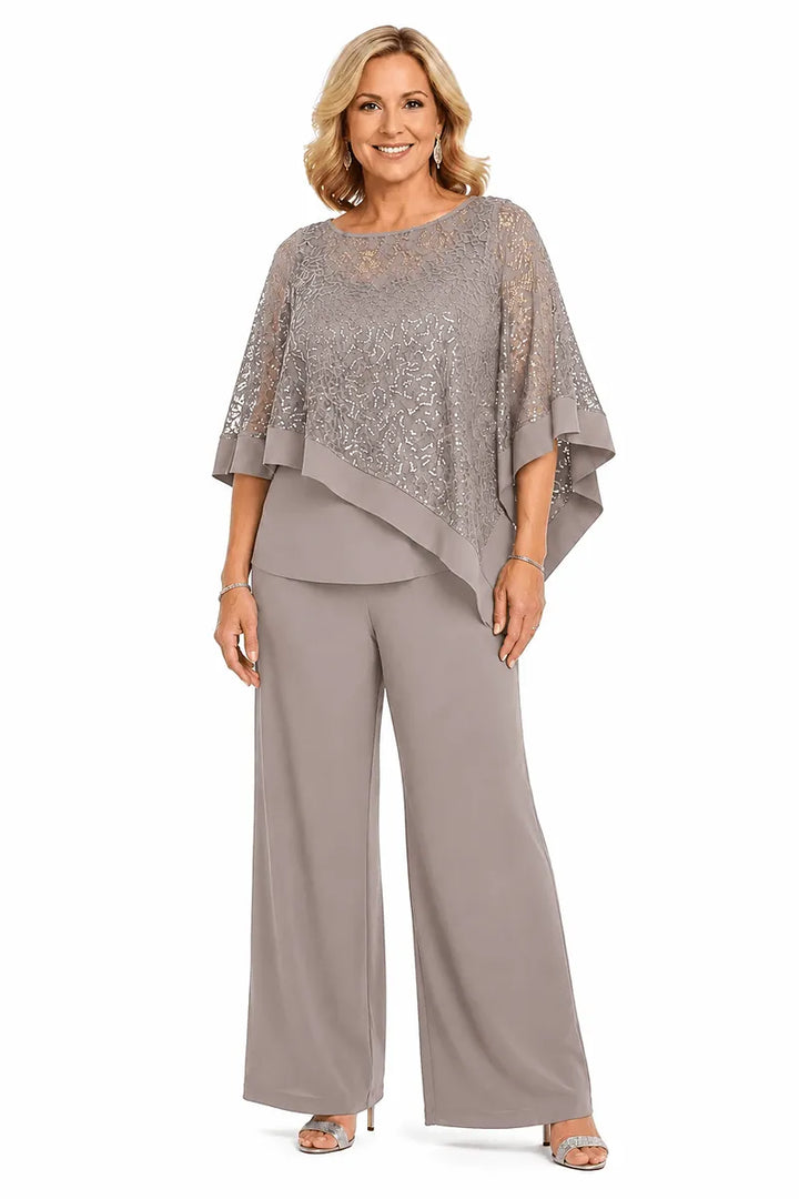 Ensemble pantalon de cérémonie avec cape à sequins, grandes tailles